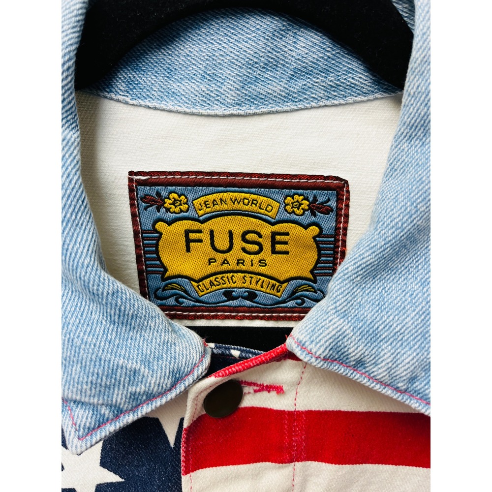 Fuse Paris M Denim Bomber Jacket USA Flag‎ Stars Stripes Trucker Moto VTG Unisex - Picture 2 of 15